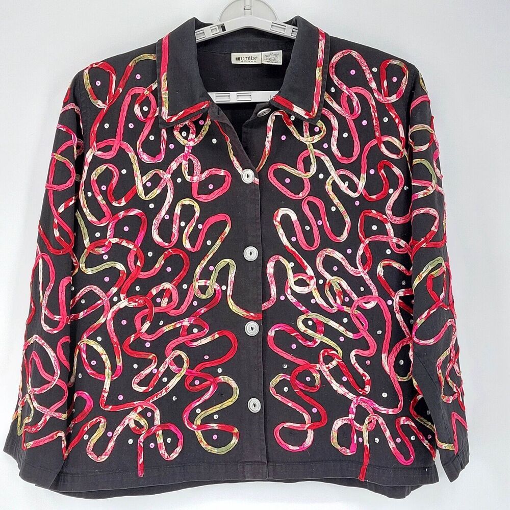 Units Woman Jacket Sz 2X Black Sequins Ribbon Design 80's Retro Vintage Denim - Picture 1 of 7
